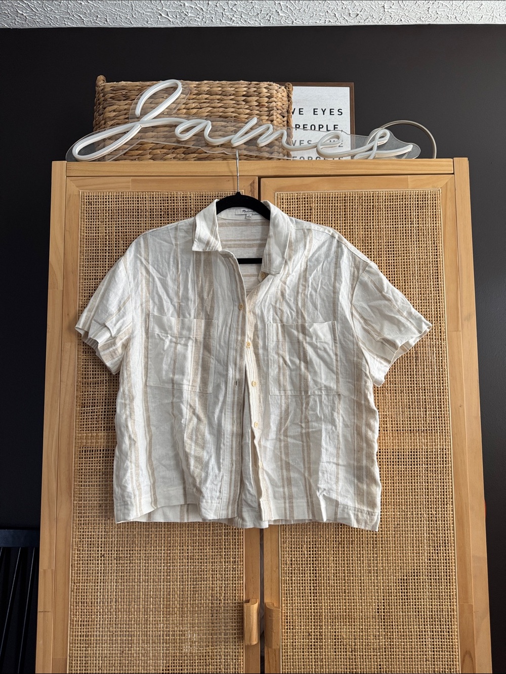 Madewell Cream and Tan Striped Short-Sleeve Button-Down Shirt